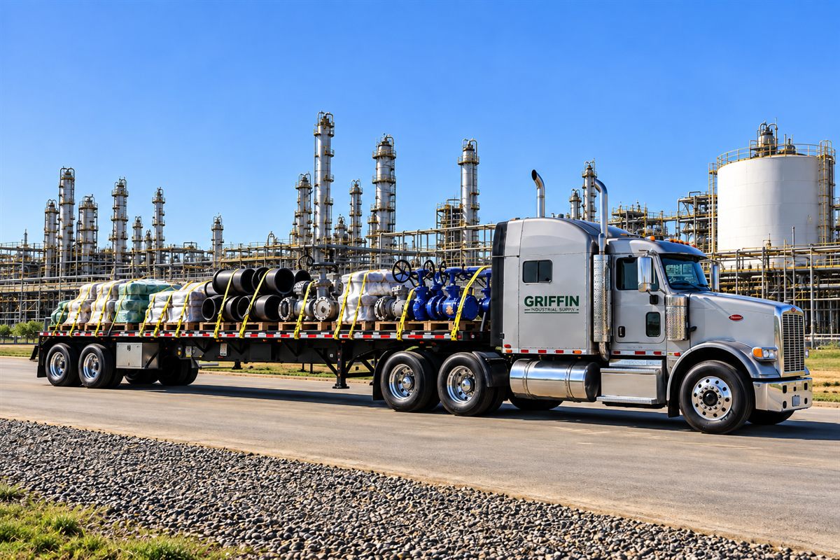 Griffin flatbed truck loaded with pipe and valves in front of a Gulf Coast petrochemical plant