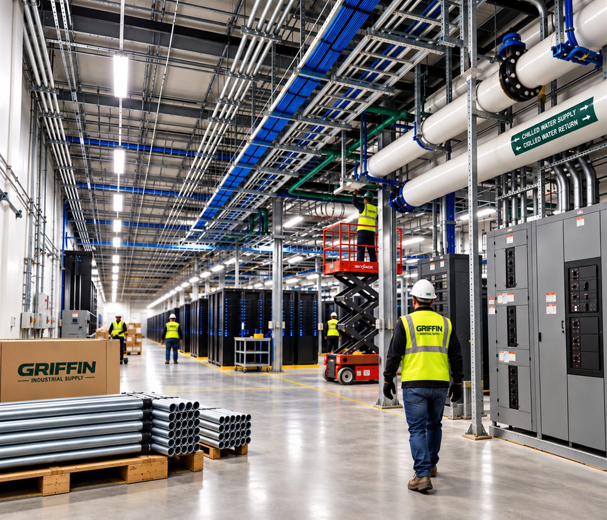 Griffin-supplied crews installing electrical, cable tray and chilled-water piping inside a data center