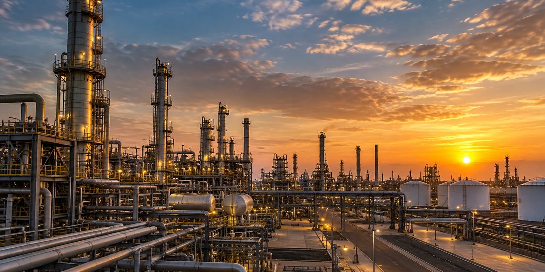 Petrochemical plant on the Gulf Coast industrial corridor at sunset