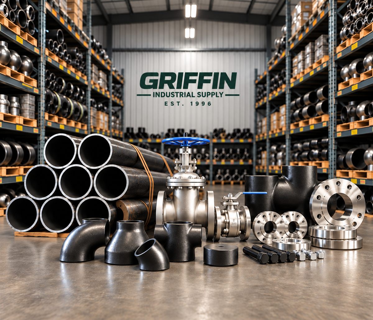 Pipe, valves, fittings and flanges staged at the Griffin Industrial Supply warehouse